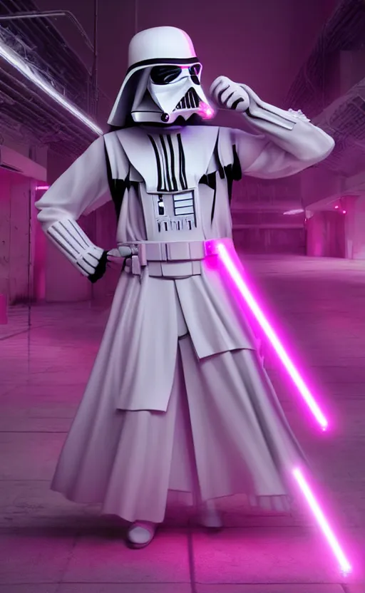 Prompt: white darth vader dancing synth wave retro wave vapor wave white and pink lighting and clothes and tech cyberpunk style ultra realistic high quality highly detailed 8 k