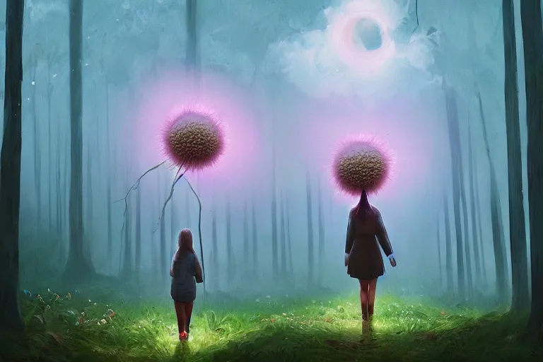 Prompt: giant daisy flowers head, girl walking in forest, surreal photography, dark night, stars, moon light, impressionist painting, clouds, digital painting, artstation, simon stalenhag