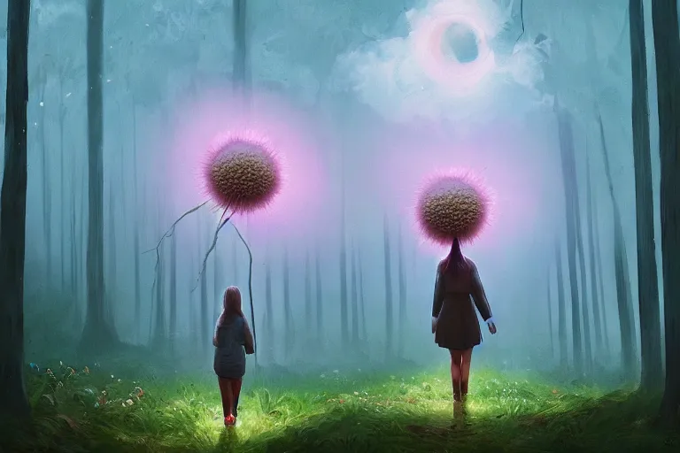 Image similar to giant daisy flowers head, girl walking in forest, surreal photography, dark night, stars, moon light, impressionist painting, clouds, digital painting, artstation, simon stalenhag