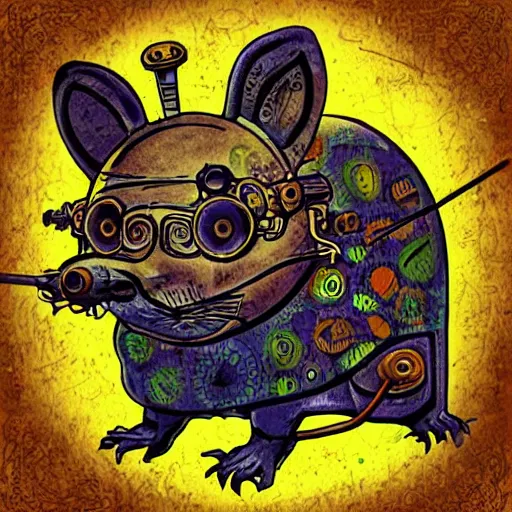 Image similar to steampunk rat, acid, 303, psychedelic