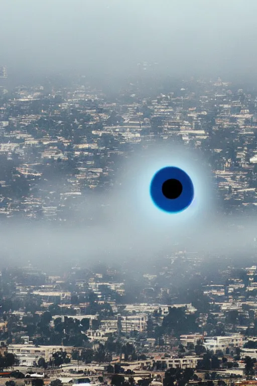 Image similar to giant eyeball!!!!! floating! in the clouds above southern california city