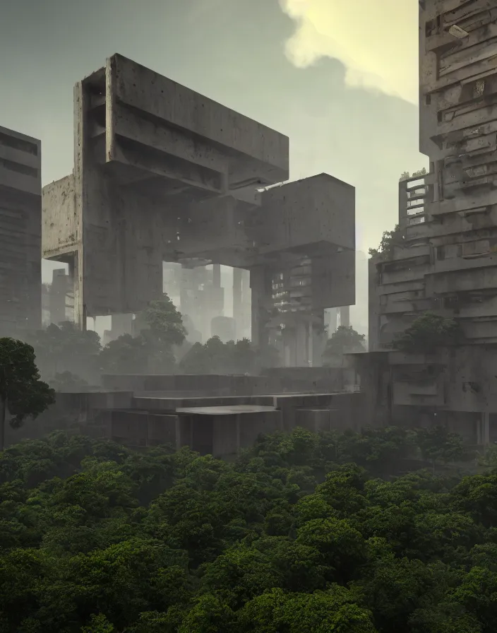 Image similar to brutalist architecture, streetscapes surrounded by lush green forest, view from ground level, stunning volumetric lighting, sunset, rusted steel, smooth solid concrete, stunning skies, trending on Artstation, 8k, photorealistic, hyper detailed, unreal engine 5, IMAX quality, cinematic, epic lighting, in the style of the game DOOM, by Greg Rutkowski