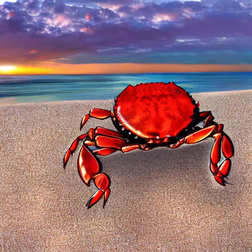 Image similar to crab on beach on sand, sea in the background, sun is shining, art by disney