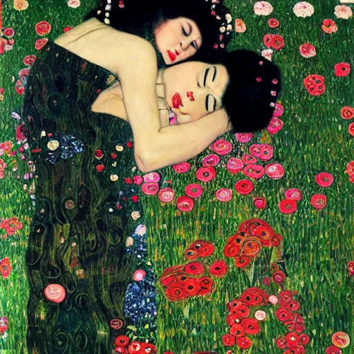 Image similar to !dream Woman holding another woman, one black, the other Asian, both have red lips, silk ribbon over eyes, Gustav Klimt style, against a background of flowers,