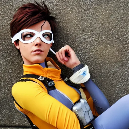 Prompt: Tracer from Overwatch relaxing after a day of hard work