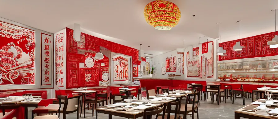 Prompt: a beautiful hyperdetailed interior render of roasted string hotpot restaurant restaurant yan'an, wall corner, from china, red paper wall and white tile floor, with merchant logo, fine delicate structure, chinese style, simple composition, simple style structure decoration design, victo ngai, 4 k hd