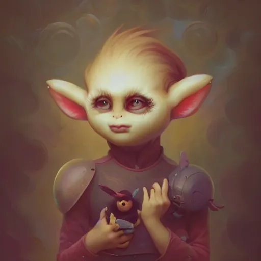 Prompt: funny cute little monster by tom bagshaw, artgerm, jeremiah ketner, beeple and charlie bowater, soft lighting, solid background,