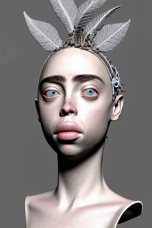 Prompt: complex 3d render ultra detailed of a beautiful porcelain profile Billie Eilish face, biomechanical cyborg, analog, 150 mm lens, beautiful natural soft rim light, big leaves and stems, roots, fine foliage lace, silver and Dichroism details, massai warrior, Alexander Mcqueen high fashion haute couture, pearl earring, art nouveau fashion embroidered, steampunk, intricate details, mesh wire, mandelbrot fractal, anatomical, facial muscles, cable wires, microchip, elegant, hyper realistic, ultra detailed, octane render, H.R. Giger style, volumetric lighting, 8k post-production