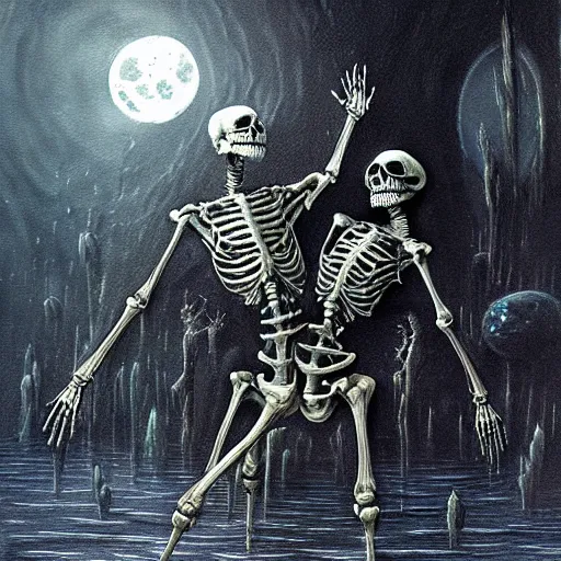 Prompt: highly detailed fine painting Macabre Dancing skeletons eerie moonlit under water scene digital art by H.R. Giger deviantart