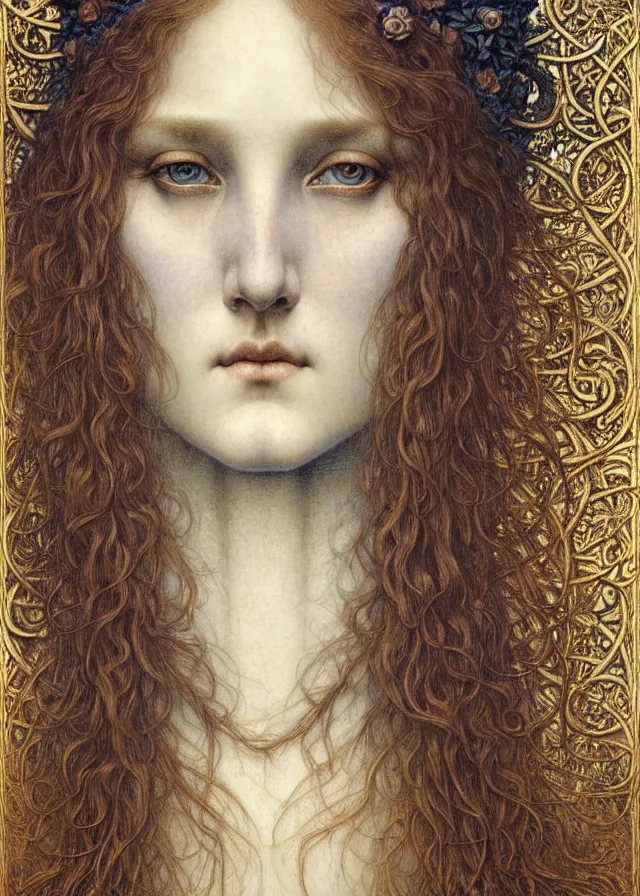 Image similar to detailed realistic beautiful young medieval queen face portrait by jean delville, gustave dore and marco mazzoni, art nouveau, symbolist, visionary, gothic, pre - raphaelite. horizontal symmetry