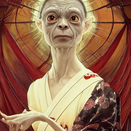 Image similar to clear portrait of gollum from lord of the rings dressed as a japanese geisha, background hyper detailed, character concept, full body, dynamic pose, glowing lights, intricate, elegant, highly detailed, digital painting, artstation, concept art, smooth, sharp focus, illustration, art by artgerm and greg rutkowski and alphonse mucha