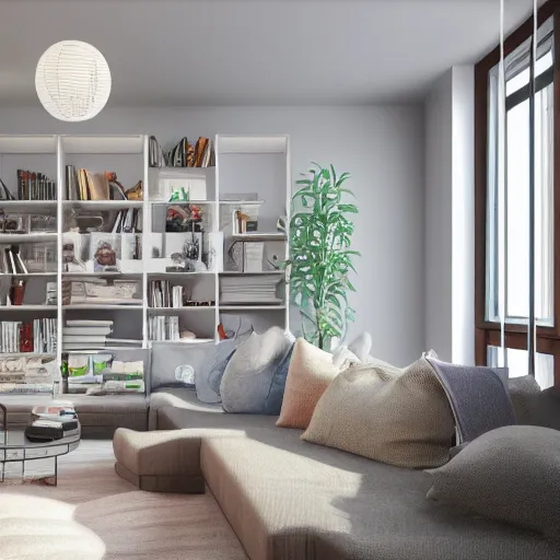 Image similar to insanley detailed 3d render, fog, wide angle, athmosperic, large award winning interior design apartment, dusk, cozy and calm, fabrics and textiles, colorful accents, secluded, many light sources, lamps, hardwood floors, book shelf, couch, desk, balcony door, plants