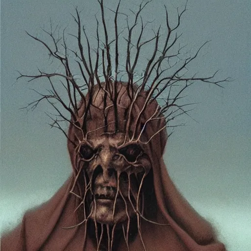 Image similar to portrait of faceless creature in hood and crown of thorns, dark fantasy, Warhammer, artstation painted by Zdislav Beksinski and Wayne Barlowe