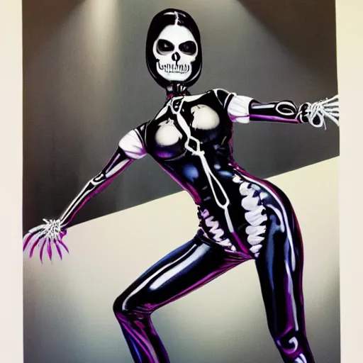 Prompt: portrait of a woman, wearing a skeleton catsuit, by alex ross.