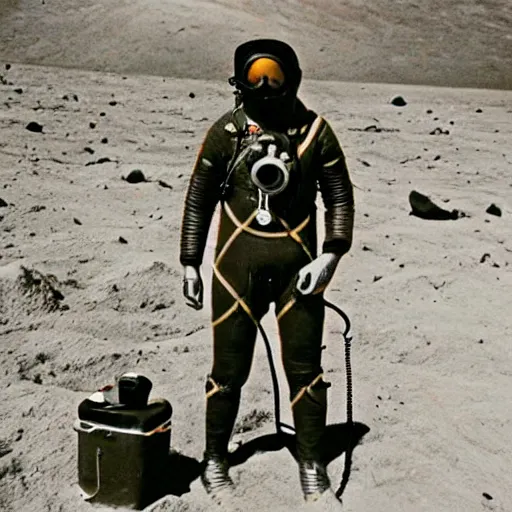 Image similar to photo of a diver wearing an old diving suit on the moon posing with an electric guitar electric guitar electric guitar electric guitar. detailed. old diving suit photos. colorized. rockstar