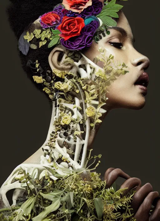 Prompt: a beautiful black woman's face in profile made of leaf and floral 🌹💐 skeleton, in the style of the dutch masters and gregory crewdson, colorful hair, dark and moody aesthetic, 8 k, matte, intricate detail, hyper detailed, surrealism, fantasy, elegant,