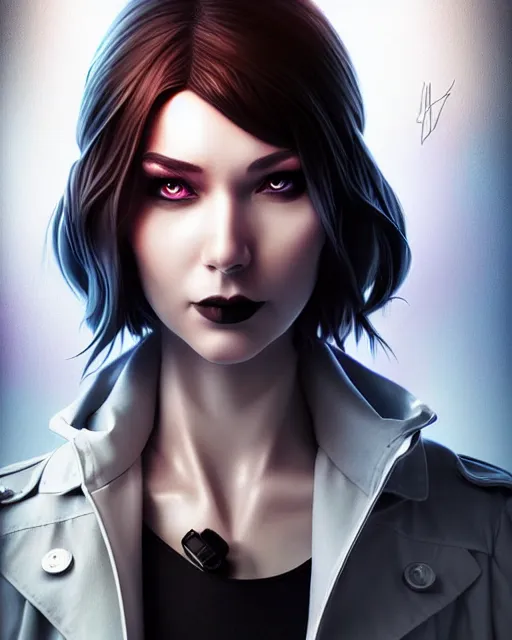 Prompt: photorealistic beautiful half cyborg woman by Artgerm and NeoArtCorE with a mischievous look, the half cyborg woman is wearing a long trench coat, in a dark night rooftop scene by Liam Wong