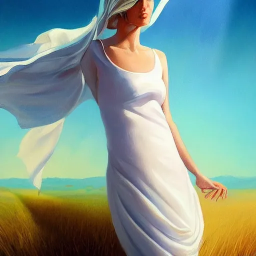 Prompt: a painting of a woman in a white dress, an airbrush painting by rhads, deviantart, fantasy art, sunrays shine upon it, deviantart, mystical