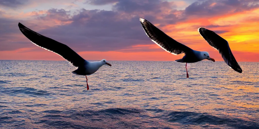 Image similar to seagulls flying over the ocean during the sunset, realistic