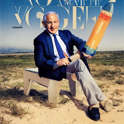 Prompt: a portrait of Benjamin Netanyahu holding a rocket, Vogue magazine, highly detailed