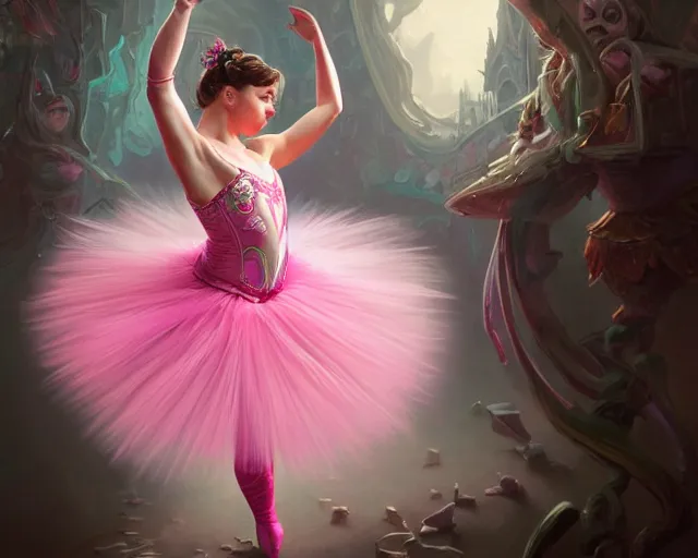 Image similar to photography of jack black dancing in a pink ballerina outfit, full body shot, deep focus, d & d and mtg, fantasy, intricate, elegant, highly detailed, digital painting, artstation, concept art, matte, sharp focus, illustration, hearthstone, art by artgerm and greg rutkowski and alphonse mucha