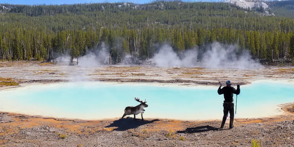 Image similar to hiker riding moose in yellowstone with prismatic spring in background