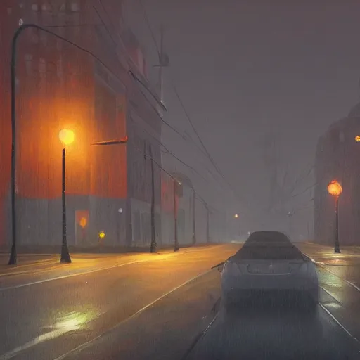 Image similar to an empty street at dusk, with a giant eldritch god emerging from the sky, rainy, wet streets, digital oil painting by simon stalenhag