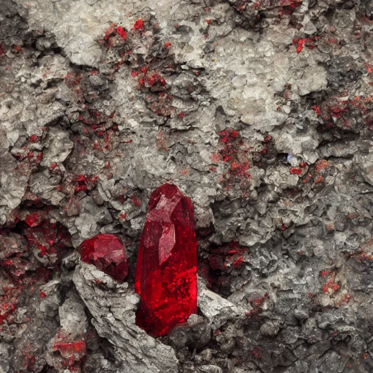 Image similar to big red ruby crystal gems embedded in rock, worn decay texture, intricate concept art painting, fantasy, nature grotesque dark