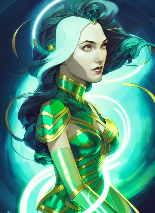 Image similar to style artgerm, joshua middleton, illustration, gal gadot as a high priestess wearing green pelt light armor, anime eyes, blue hair, swirling water cosmos, fantasy, dnd, cinematic lighting