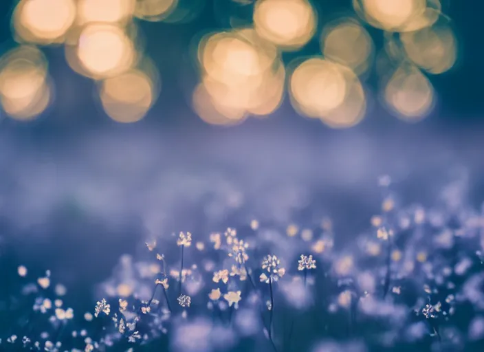 Image similar to a magical forest with delicate flowers that glow in the dusk, macro close up, bokeh,