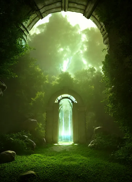 Prompt: portal to heaven inside an ethereal forest, highly detailed, 4 k, hdr, award - winning, octane render, artstation