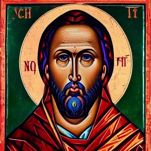 Prompt: nicholas cage, portrait, ancient byzantine icon of nicholas cage, roman catholic icon of nicholas, saintly nicholas cage, orthodox nicholas cage