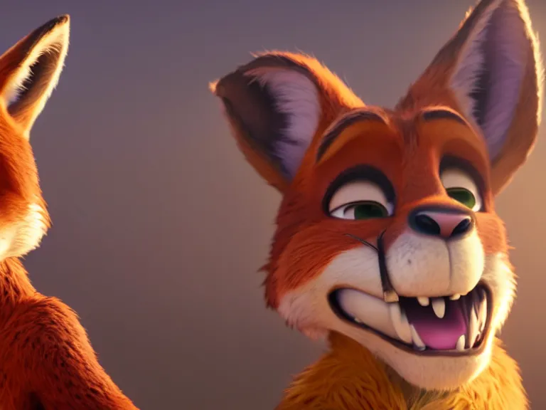 Prompt: a film still from zootopia main character portrait anthro anthropomorphic fox head animal person fursona nick wilde pixar and disney animation, sharp, rendered in unreal engine 5, anime key art by greg rutkowski, bloom, dramatic lighting chaotic cursed werewolf