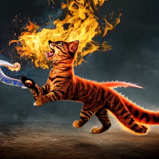 Image similar to highly detailed 4 k realistic photo of a cat battling a fire breathing dragon