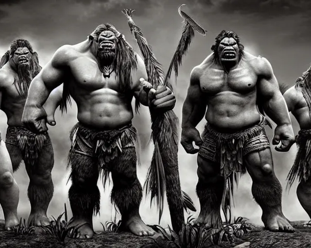 Image similar to hyper realistic group vintage photograph of a live action warcraft orc warrior tribe in the jungle, tall, hulk like physique, detailed faces, tribal paint, tribal armor, grain, old, monochrome, sepia toned, realistic lighting, wide angle