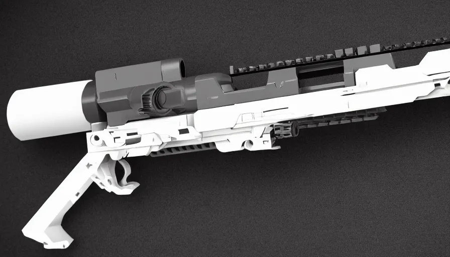 Prompt: extremely detailed realistic side view of a sci fi bullpup laser sniper rifle, detailed trigger, chemically propelled, massive battery, smooth streamline, battery and wires, railgun, chemrail, gauss, elegant sleek smooth body, white paint, smooth utopian design, ultra high quality, minimalist, octane, cod, destiny, warframe, terminator