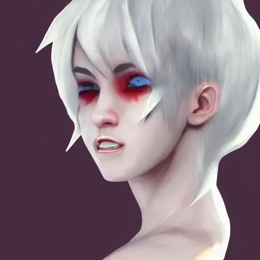 Image similar to Young woman, white hair, black eyes, sharp teeth, pointy ears, pale skin, trending on artstation