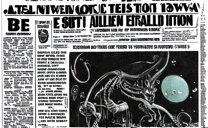Prompt: 1 9 7 0 s newspaper front page, alien invasion