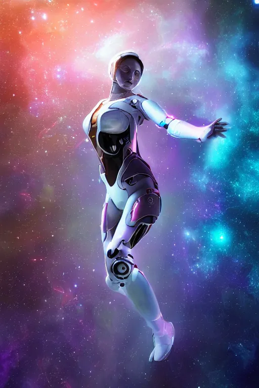 Image similar to woman cyborg floating in space letting go of reality and experiencing the quantum feild, matte painting comic book art, cinematic, highly detailed, realistic, beautiful cosmic neural network, octane render, unreal engine, depth of field, trending on artstation, sharp focus, philosophical splashes of colors