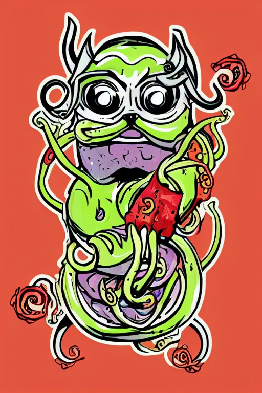 Image similar to Pug with tentacles, the devil, sticker, blood thirsty, spawn of Satan, burning in hell, blood, evil, colorful, illustration, highly detailed, simple, smooth and clean vector curves, no jagged lines, vector art, smooth