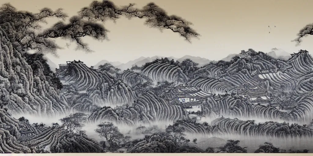 Image similar to A Chinese ink painting of winery. The vineyards are sprawling and green, with a river winding through them. In the distance, there are mountains. by zhang zeduan, mi fu, painting on silk, immaculate scale, hyper-realistic, trending on Artstation, 8k, detailed, atmospheric, immaculate