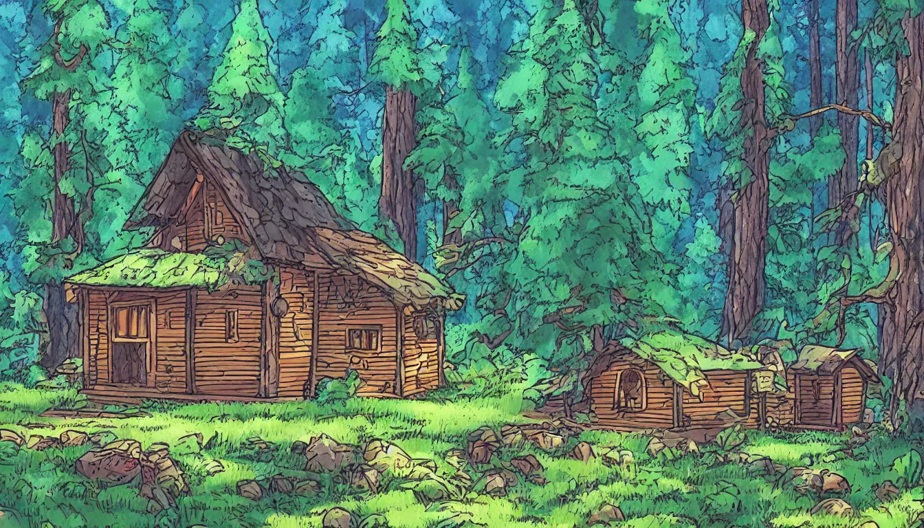 Image similar to a clearing in a forest with a cabin, Disney cartoon, animation, high detail, colorful