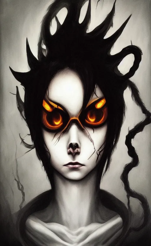 Image similar to dark portrait painting of tracer from overwatch, in style of zdzisław beksinski, scary, horror, feminine facial features, overwatch tracer character, detailed face, dressed in dark garment, black tendrils, tall,