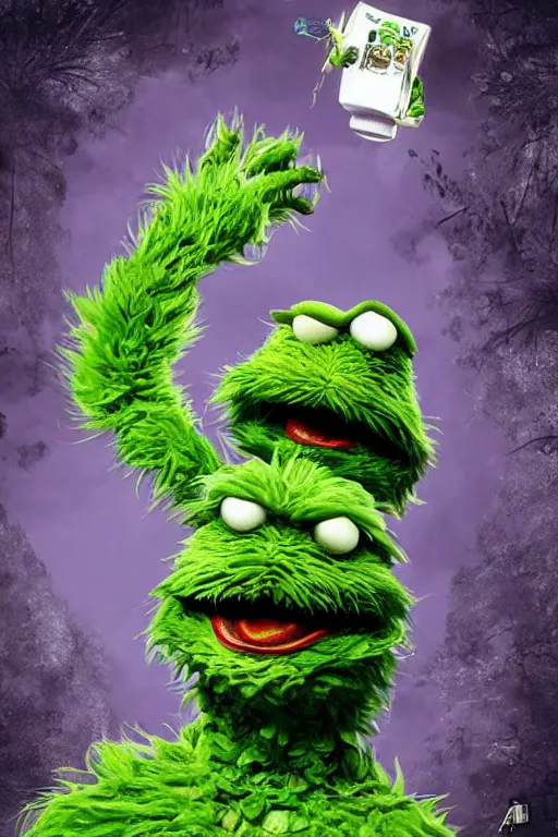 Image similar to “ oscar the grouch on the cover of bayonetta ”