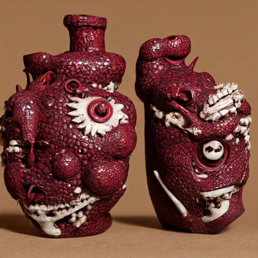 Prompt: Studio Photograph of Beautiful Handmade Yunomi with bone handle intricately carved with Lizard Eyes and painted with the image of Hungry Lizards by Paul Klee By Hans Bellmer and covered with hairlike spikes, Oxblood glaze Bright Intense Colors shocking detail hyperrealistic trending on artstation