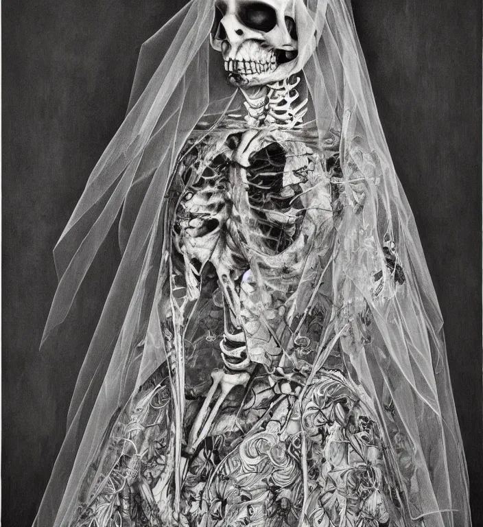 Image similar to portrait of a Bride's skeleton in veil with floral pattern by Laurie Lipton, high detailed, realistic,dark surrealism, hyper detailed