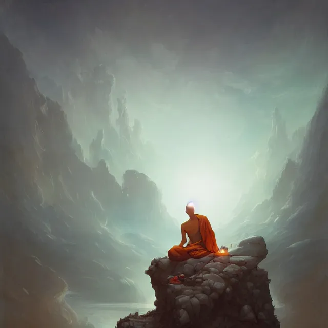 Image similar to in the style of peter mohrbacher, a glowing monk floating and meditating on a rock, dystopian landscape, intricate, masterpiece, award winning, fantasy, hyperrealism intricate