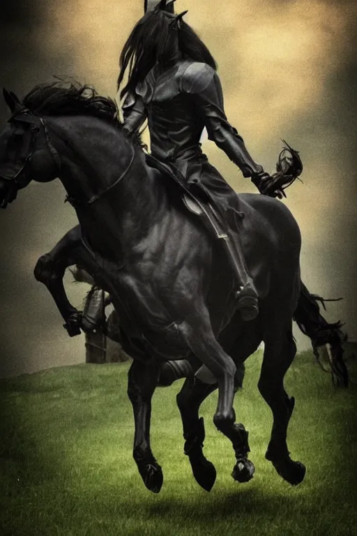 Image similar to irish mythical creature is a headless horseman that is known as a foreteller of death. rising a headless black horse, the dullahan carries his own head under one arm