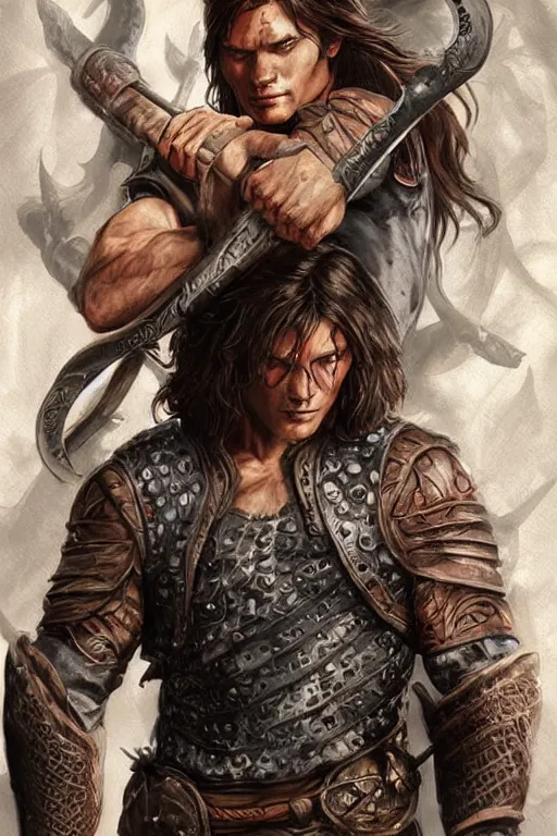 Prompt: portrait of attractive sam winchester as a rogue scotish warrior from the xii century, muscular body tattooed, d & d!, fantasy style, sharp focus!, ultra detailed, art by artgerm and peter andrew jones, wlop