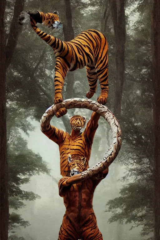 Prompt: a humanoid tiger king stands on a magical circle by greg rutkowski, magic realism, hyper realistic, 2 0 0 mm lens